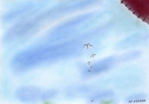 Voir le détail de cette oeuvre: Vol de sternes blanches dans le ciel seychellois